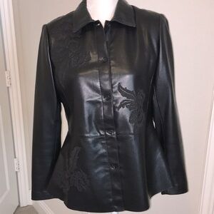 Chico’s Faux Leather Peplum Style Button Up Jacket Black w Black Applique